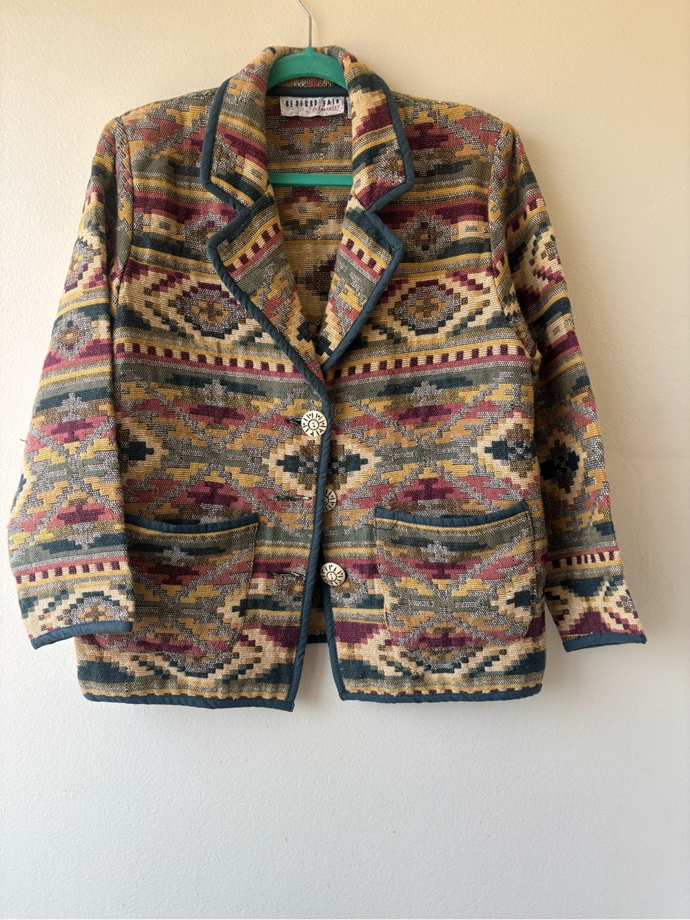 Bedford Fair Multicolor Southwestern Wool Blazer with Teal Trim